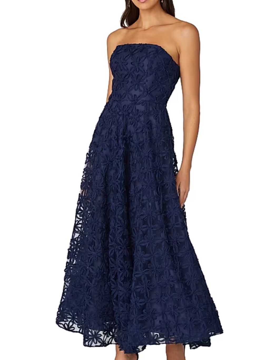 Shoshanna Navy Strapless Floral Appliqu Midi Dress